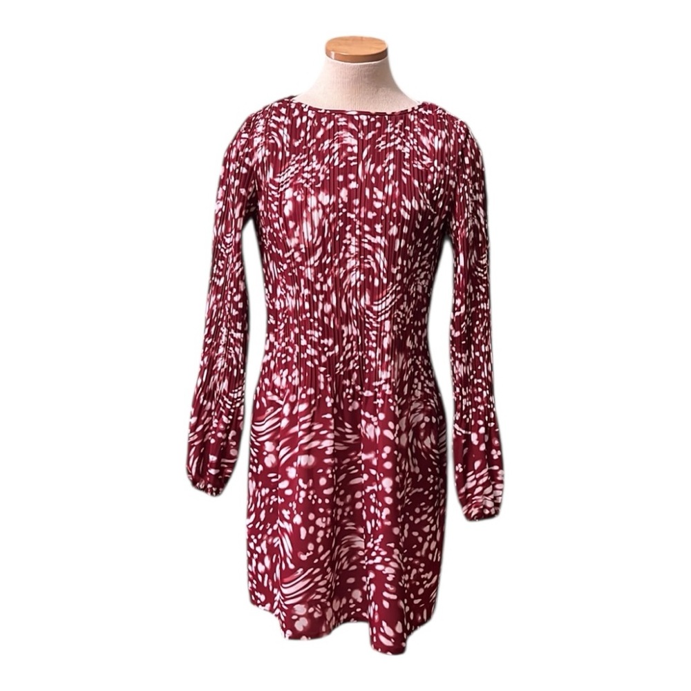 Maje Red and White Tie-Dye Print Shift Dress with Bishop Sleeves, size 2